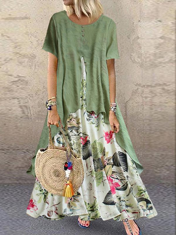 Floral Two-Piece Print Round Neck Short Sleeve Women's Maxidress Summer Dress