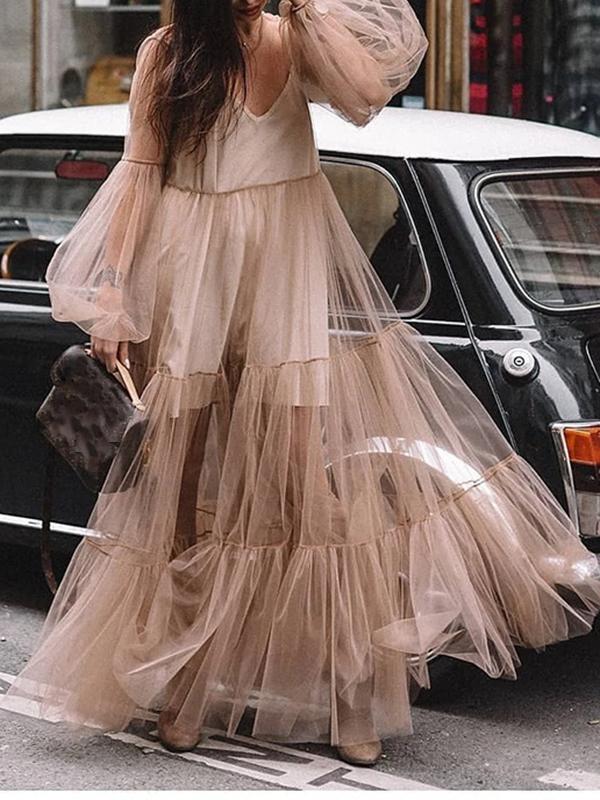 Mesh Pleated V Neck Long Sleeve Women Maxi Dresses Tulle Dress Casual Dress