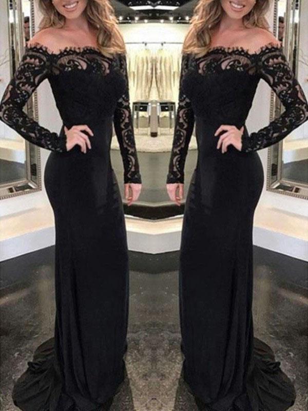 Lace Off Shoulder Long Sleeve Mermaid Elegant Maxi Dress Evening Dress