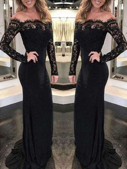 Lace Off Shoulder Long Sleeve Mermaid Elegant Maxi Dress Evening Dress