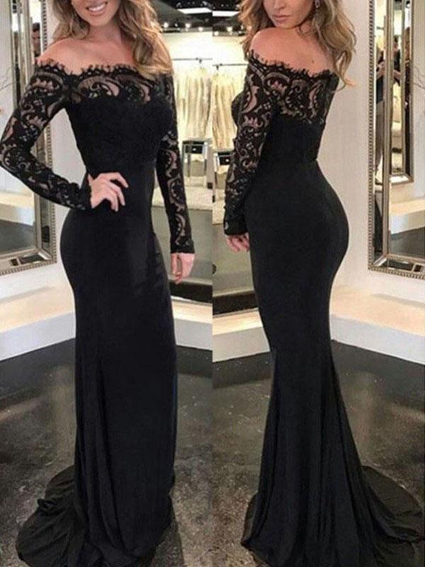 Lace Off Shoulder Long Sleeve Mermaid Elegant Maxi Dress Evening Dress