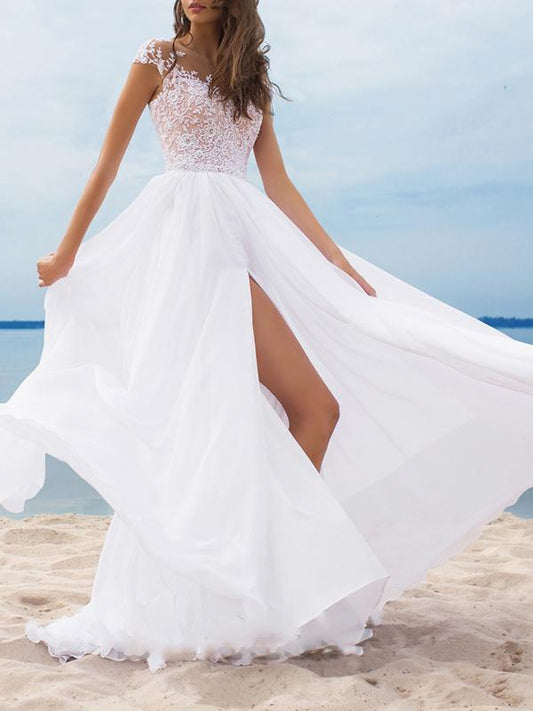 Lace Slit Cut Out Round Neck Sleeveless Women Maxi Dresses Wedding Dress