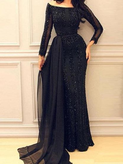 Patchwork Glitter Off Shoulder Boat Neck Long Sleeve Maxi Dress Women's Fashion Evening Dress