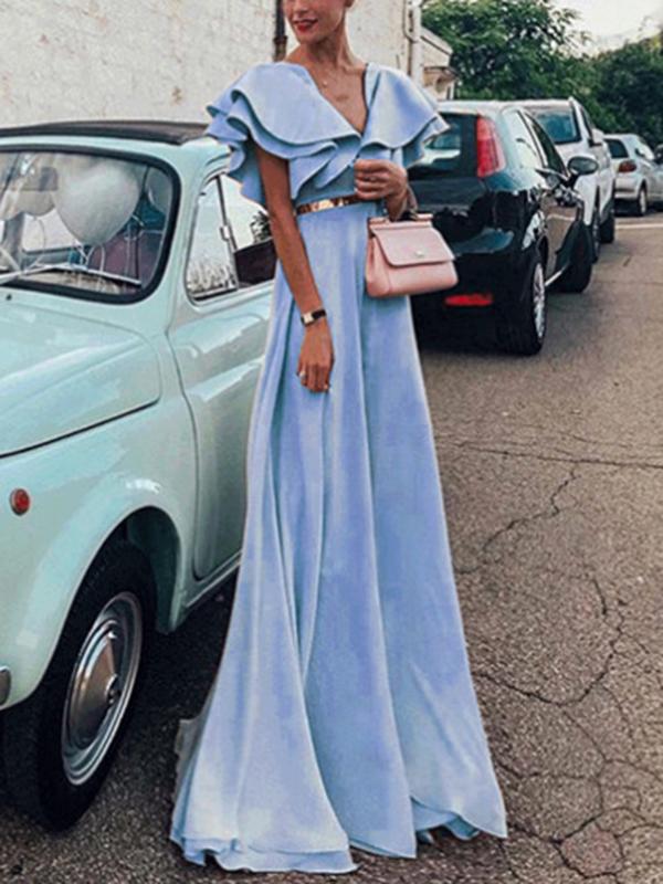 Ruffle V Neck Sleeveless Women Maxi Dresses Elegant Dress Evening Dress