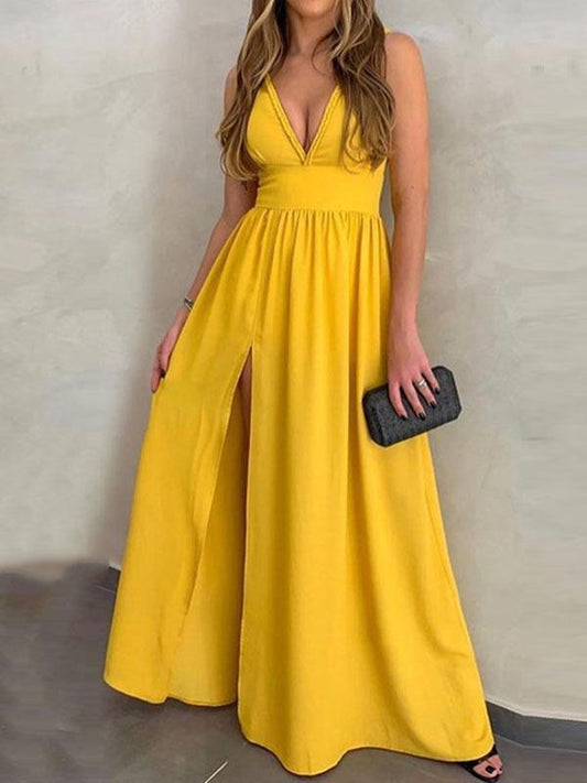 Yellow Slit V Neck Sleeveless Elegant Maxi Dress Evening Dresses Ball Gown