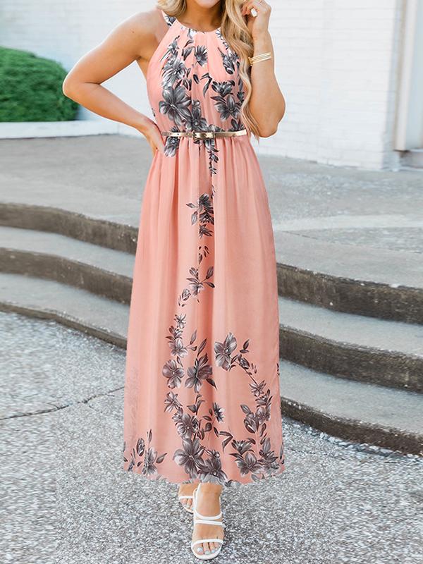 Floral Halter Round Neck Sleeveless Women Maxi Dresses Elegant Dress Summer Dress