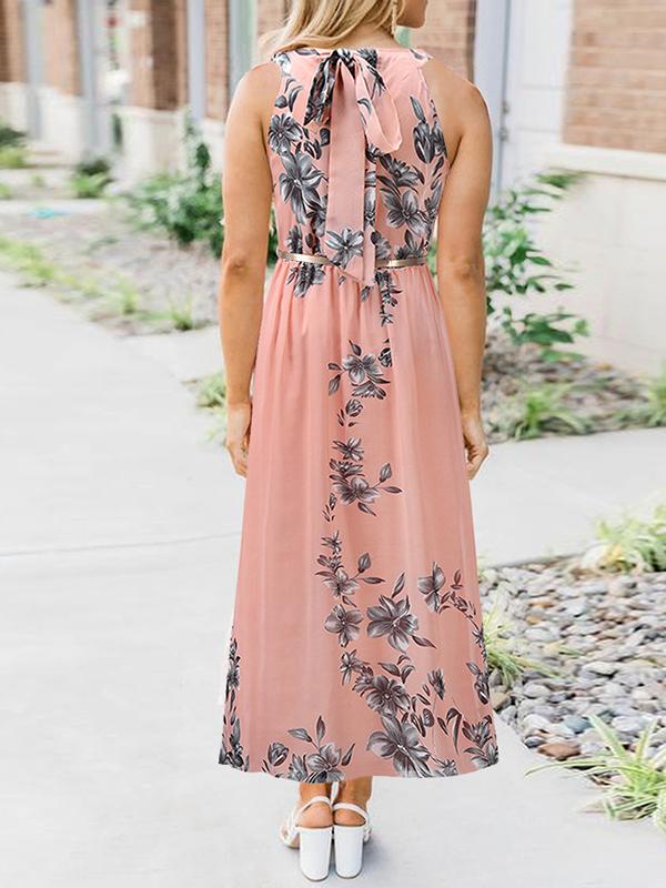 Floral Halter Round Neck Sleeveless Women Maxi Dresses Elegant Dress Summer Dress