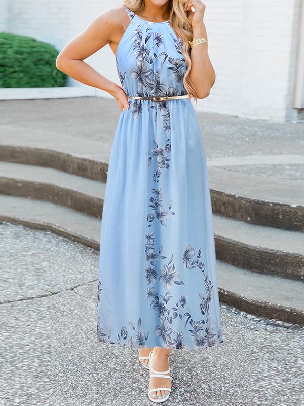 Floral Halter Round Neck Sleeveless Women Maxi Dresses Elegant Dress Summer Dress