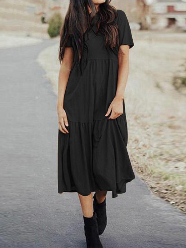 Oversize Pleated Round Neck Short Sleeve Women Maxi Dresses Casual Dress