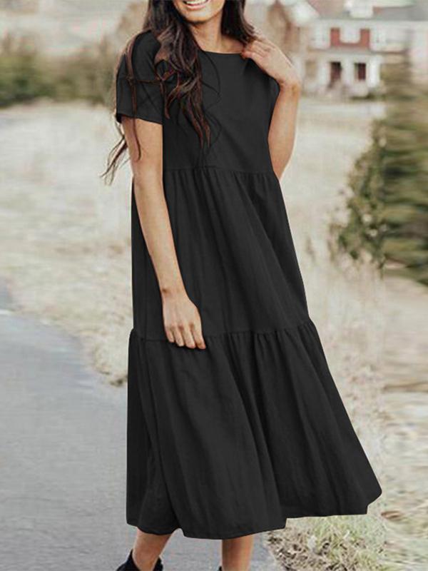 Oversize Pleated Round Neck Short Sleeve Women Maxi Dresses Casual Dress