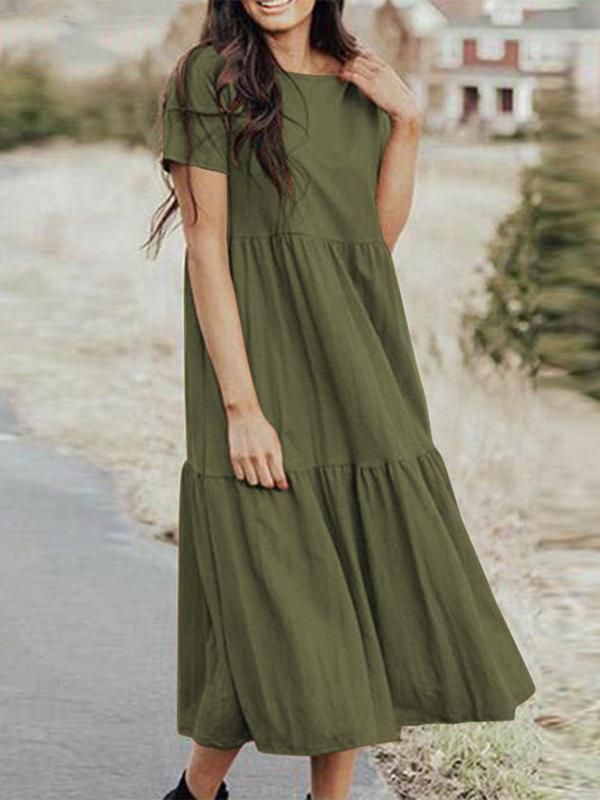 Oversize Pleated Round Neck Short Sleeve Women Maxi Dresses Casual Dress