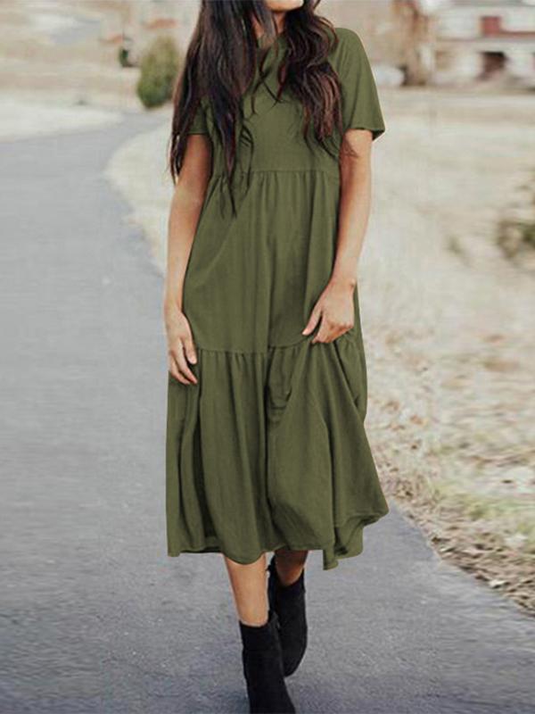 Oversize Pleated Round Neck Short Sleeve Women Maxi Dresses Casual Dress