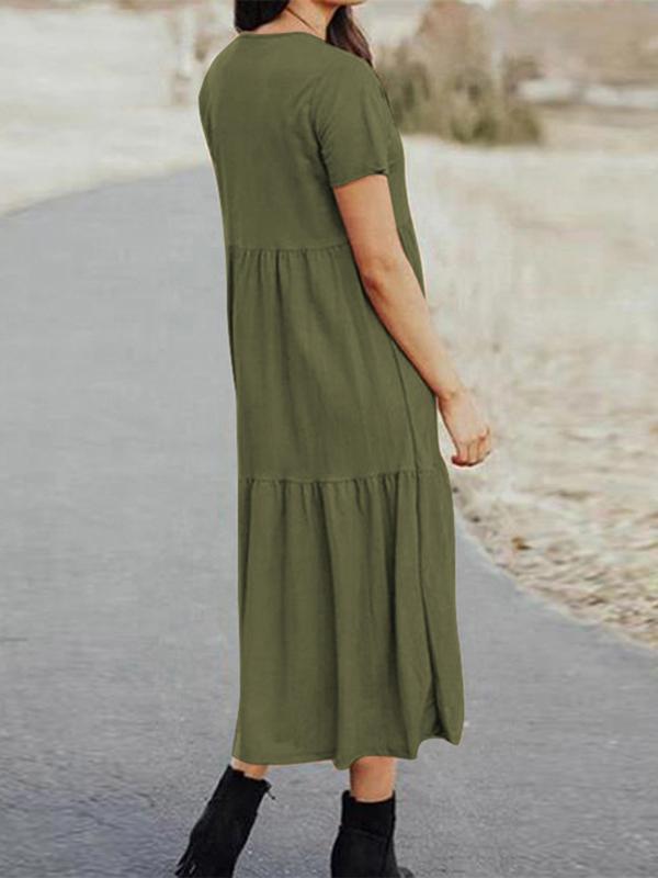 Oversize Pleated Round Neck Short Sleeve Women Maxi Dresses Casual Dress