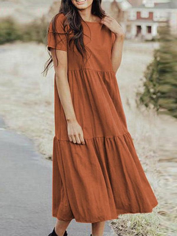 Oversize Pleated Round Neck Short Sleeve Women Maxi Dresses Casual Dress