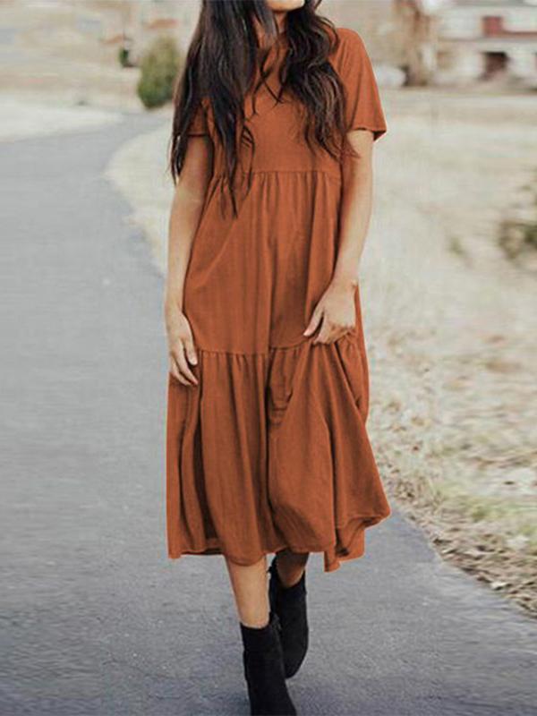 Oversize Pleated Round Neck Short Sleeve Women Maxi Dresses Casual Dress