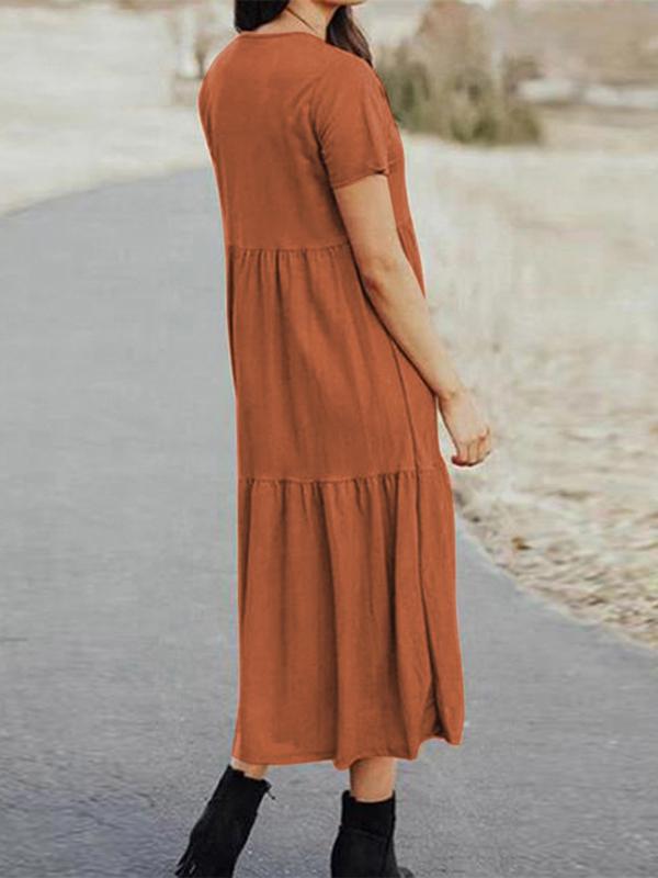 Oversize Pleated Round Neck Short Sleeve Women Maxi Dresses Casual Dress