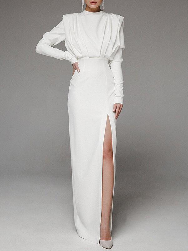 Side Slit Cut Out Zipper Round Neck Long Sleeve Maxi Dress Women Fashion Evening Dress