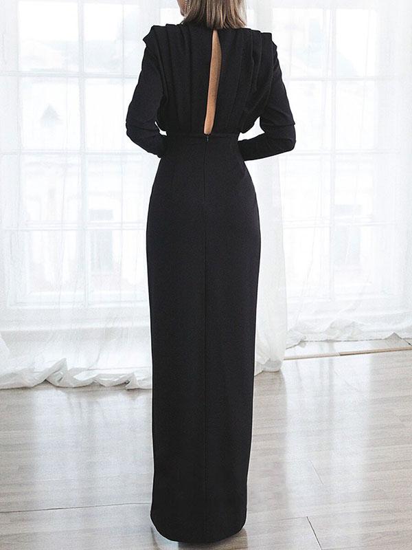 Side Slit Cut Out Zipper Round Neck Long Sleeve Maxi Dress Women Fashion Evening Dress