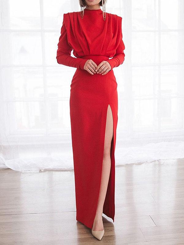 Side Slit Cut Out Zipper Round Neck Long Sleeve Maxi Dress Women Fashion Evening Dress