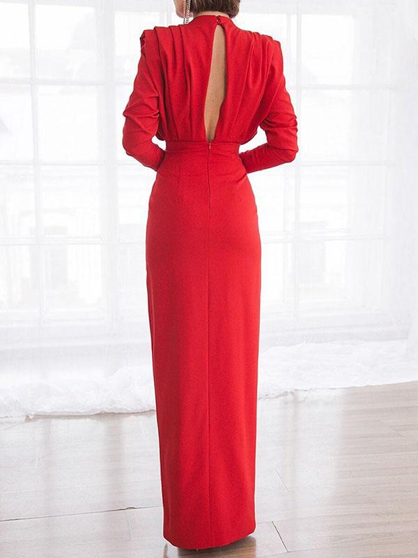 Side Slit Cut Out Zipper Round Neck Long Sleeve Maxi Dress Women Fashion Evening Dress