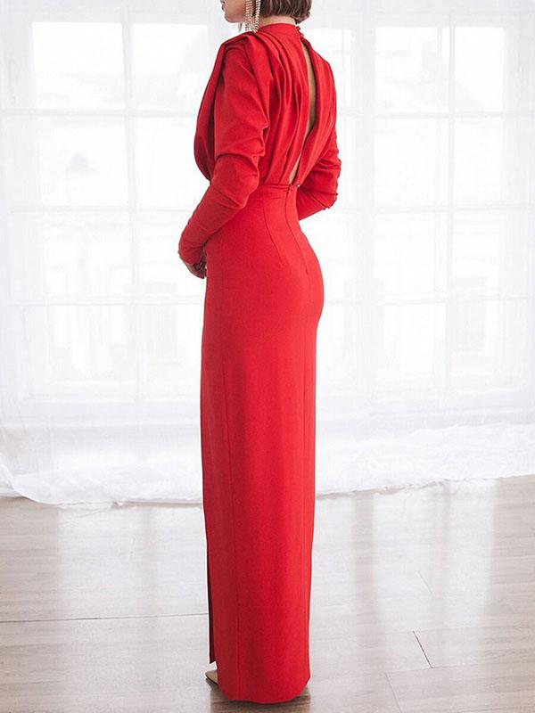 Side Slit Cut Out Zipper Round Neck Long Sleeve Maxi Dress Women Fashion Evening Dress