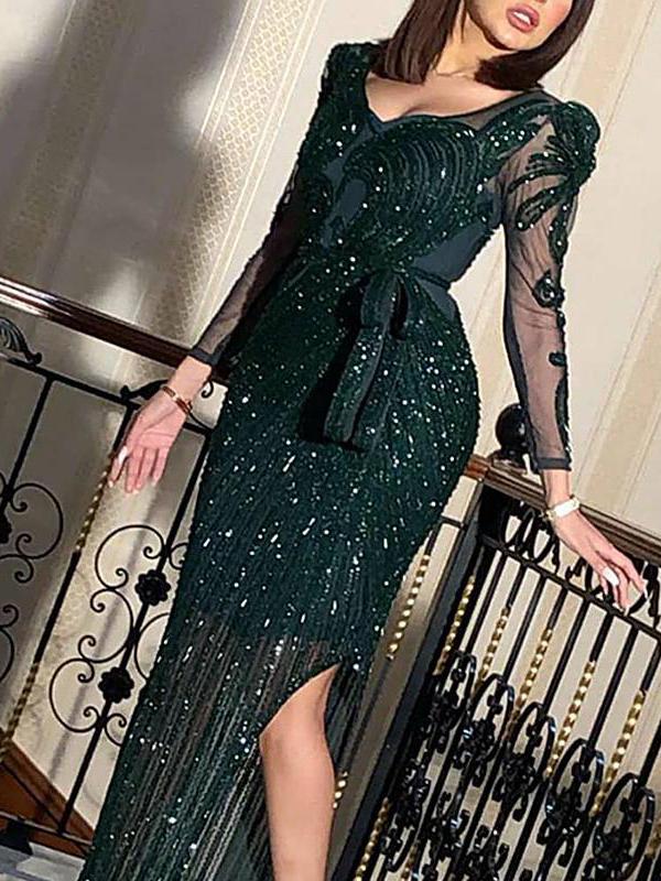 Slit Belt V Neck Long Sleeve Women Maxi Dresses Evening Dress