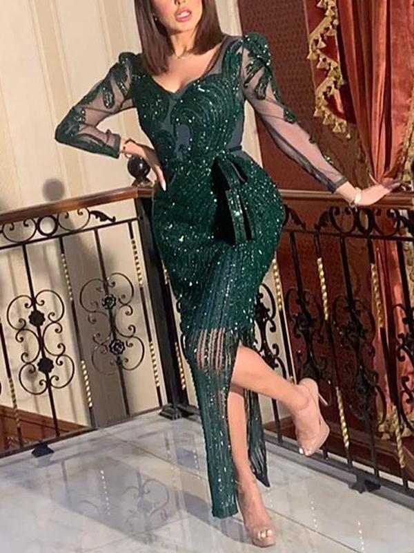 Slit Belt V Neck Long Sleeve Women Maxi Dresses Evening Dress