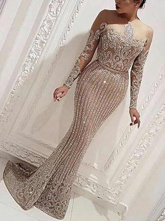 Glitter Fishtail Round Neck Long Sleeve Women Maxi Dresses Tight Dress Evening Dress Ball Gown