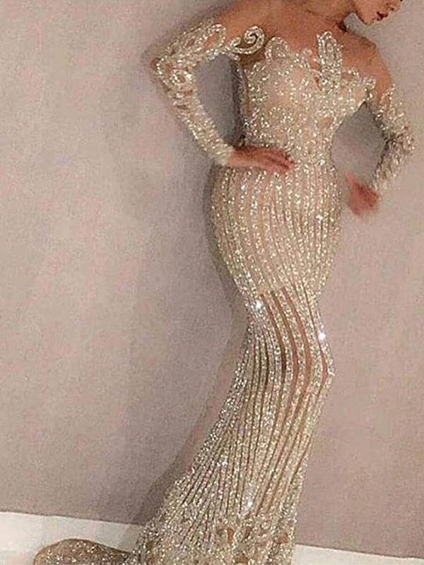 Glitter Fishtail Round Neck Long Sleeve Women Maxi Dresses Tight Dress Evening Dress Ball Gown