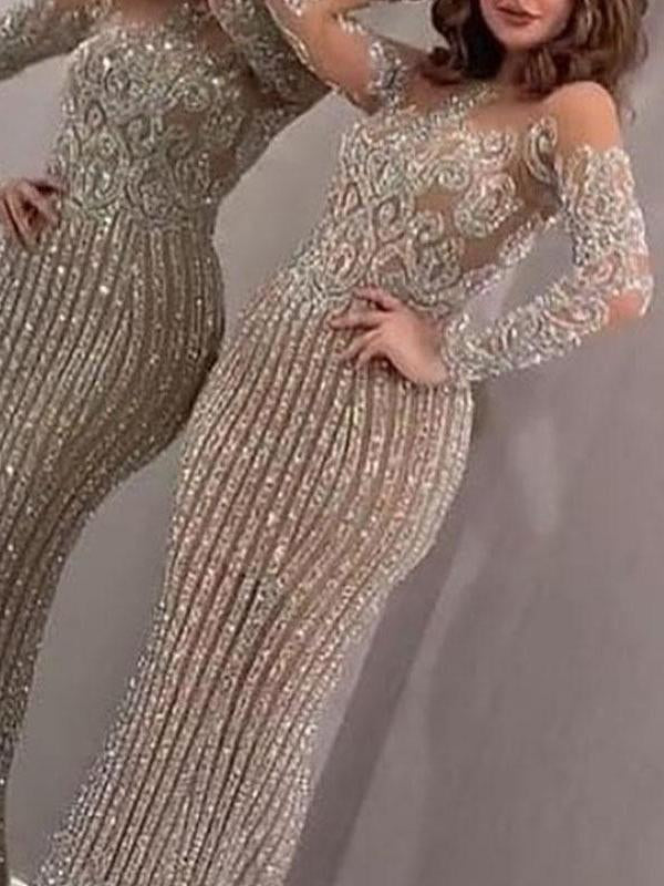 Glitter Fishtail Round Neck Long Sleeve Women Maxi Dresses Tight Dress Evening Dress Ball Gown