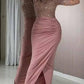 Slit glitter tight round neck long sleeve women maxi dresses tight dress ball gown