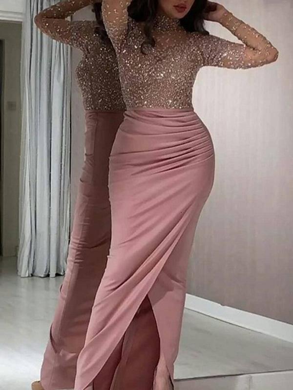 Slit glitter tight round neck long sleeve women maxi dresses tight dress ball gown