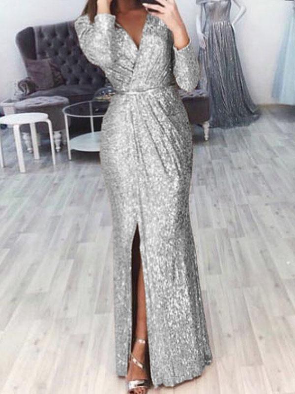 Glitter Slit V-Neck Long Sleeve Women Maxi Dresses Evening Dress Sequin Dress