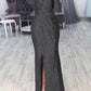 Glitter Slit V-Neck Long Sleeve Women Maxi Dresses Evening Dress Sequin Dress