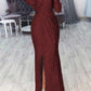 Glitter Slit V-Neck Long Sleeve Women Maxi Dresses Evening Dress Sequin Dress