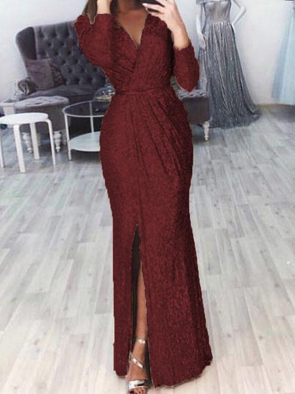 Glitter Slit V-Neck Long Sleeve Women Maxi Dresses Evening Dress Sequin Dress