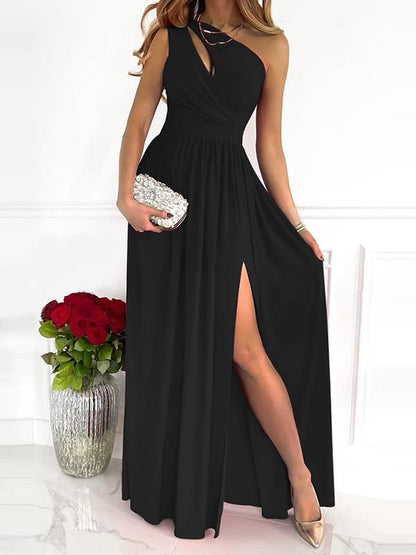 One Shoulder Slit Pleated Cut Out Sleeveless Women Maxi Dresses Evening Dress