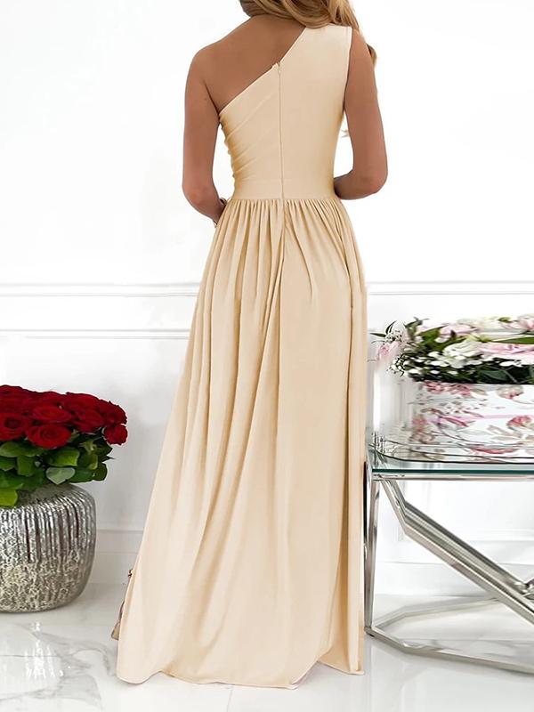 One Shoulder Slit Pleated Cut Out Sleeveless Women Maxi Dresses Evening Dress