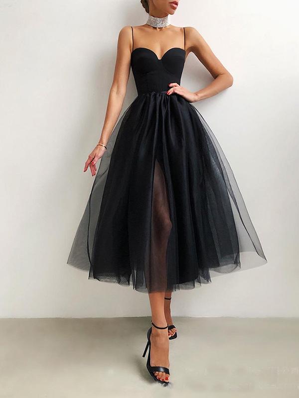 Mesh Slit Boat Neck Spaghetti Straps Women Midi Dresses Tulle Dress Evening Dress