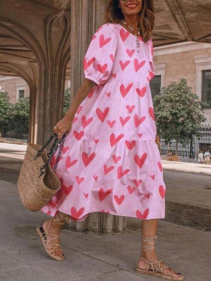 Heart shape oversize print round neck half-length women midi dresses casual dress summer dress