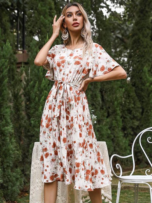 Flower belt pleated round neck short sleeve women midi dresses summer dress