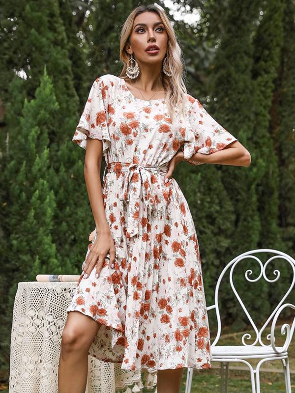 Flower belt pleated round neck short sleeve women midi dresses summer dress