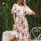 Flower belt pleated round neck short sleeve women midi dresses summer dress