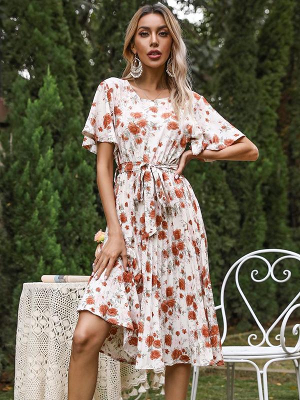 Flower belt pleated round neck short sleeve women midi dresses summer dress