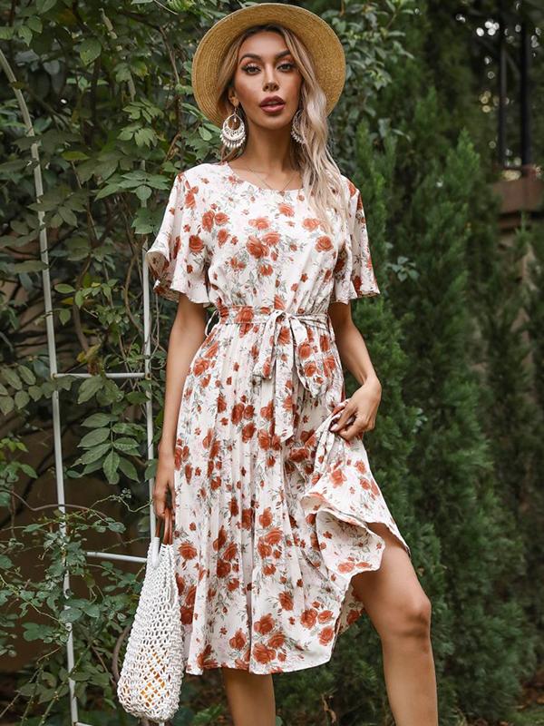 Flower belt pleated round neck short sleeve women midi dresses summer dress