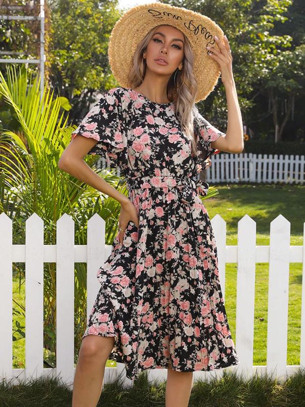 Flower belt pleated round neck short sleeve women midi dresses summer dress