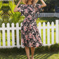 Flower belt pleated round neck short sleeve women midi dresses summer dress