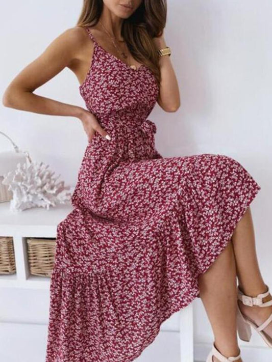 Floral Print Belt Backless V-Neck Spaghetti Straps A-Line Midi Dress Women's Fashion Summer Dress