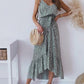 Floral Print Belt Backless V-Neck Spaghetti Straps A-Line Midi Dress Women's Fashion Summer Dress