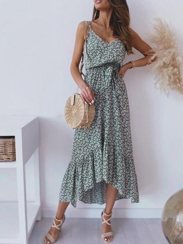 Floral Print Belt Backless V-Neck Spaghetti Straps A-Line Midi Dress Women's Fashion Summer Dress